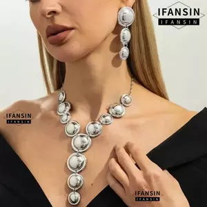 Vòng cổ mặt dây chuyền tròn FANSIN, Bông tai thả hình chữ Y phóng đại, Bông tai vòng cổ bóng gợi cảm thanh lịch Bộ trang sức nữ