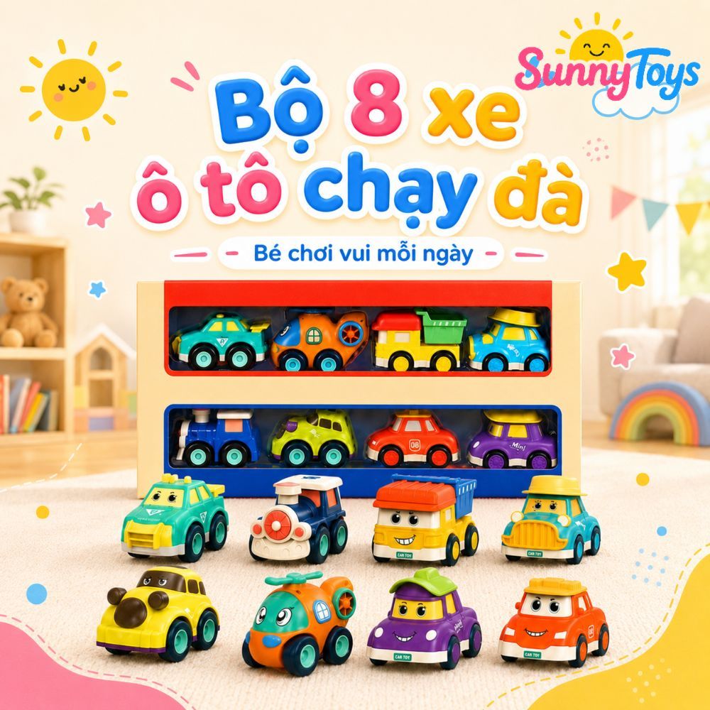 Set 8 Xe Cảnh Sát Quán Tính Không Dùng Pin SunnyToys - Bộ Ô Tô Mini Hoạt Hình Cho Bé Chơi Vui