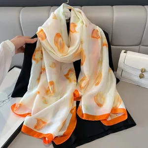 Giả Khăn Lụa Ruy Băng Móng Ngựa Hoa Sen In Khăn Lụa Nữ George Satin Khăn Choàng Thanh Lịch 6.21