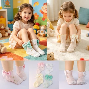 0-5year Trẻ Em Bé Gái Lưới Mỏng Mùa Hè Rau Viền Họa Tiết Hoa Co Giãn Đến Mắt Cá Chân Tất Có Nơ