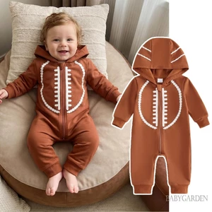 Áo Hoodie bé trai áo liền quần họa tiết bóng bầu dục Dây kéo dài tay áo liền quần mùa thu