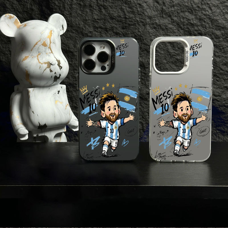Ốp lưng iPhone hoạt hình họa tiết Messi phủ kim loại IMD iP 17 16 15 14 13 12 11 Pro Max Plus X Max 7 8 Plus Air