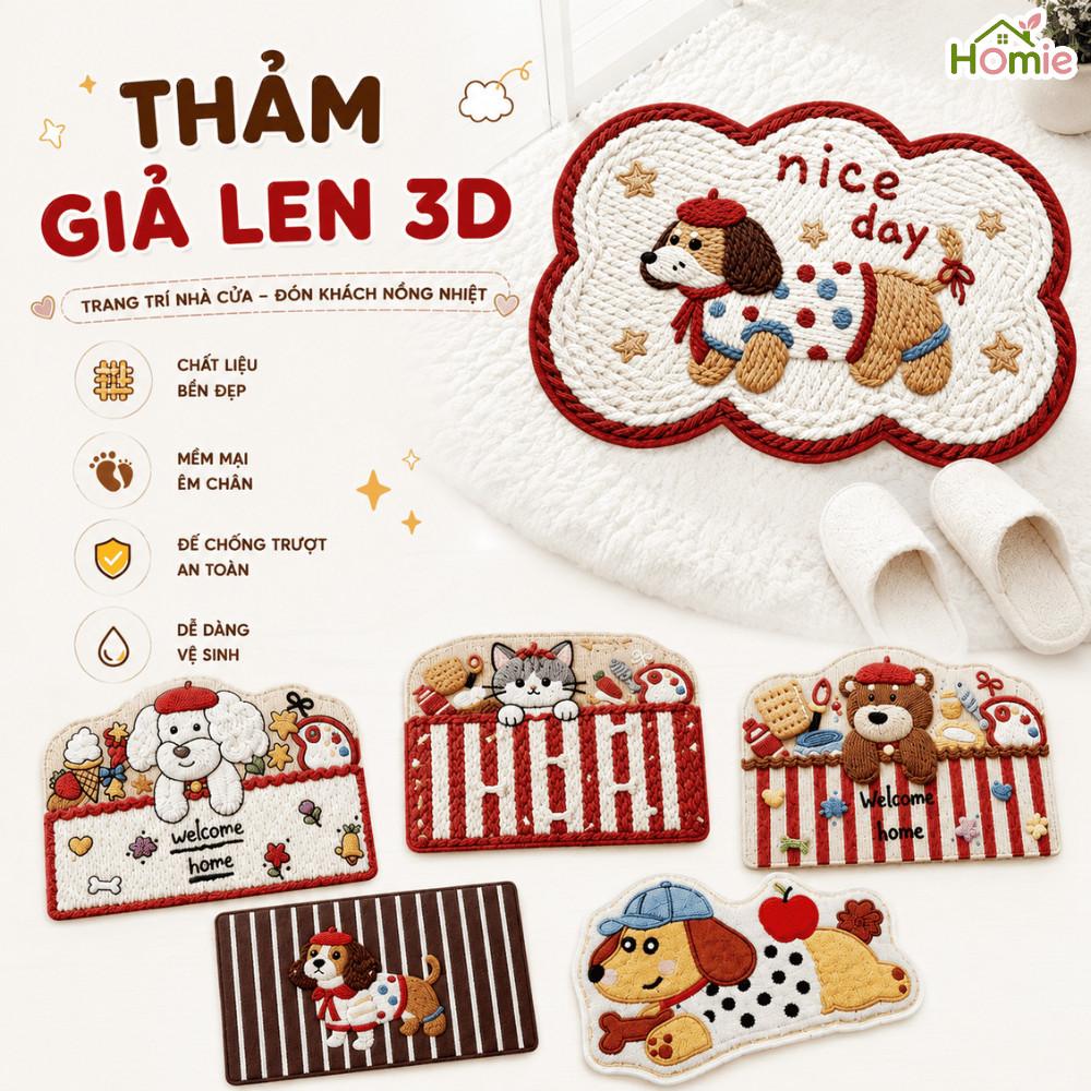 Thảm Chùi Chân Giả Len Dệt 3D Lõi Bùn Tảo Cát Thấm Hút Hình Dễ Thương HOMIE, Thảm Lau Chân Chống Trượt