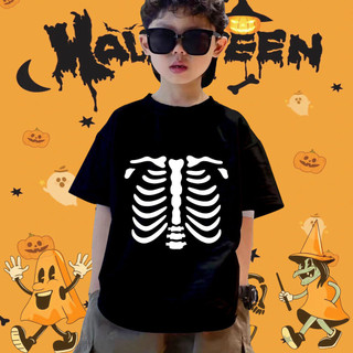 Đáng Sợ Họa Tiết Đầu Lâu Halloween Trẻ Em Áo Thun Ngộ nghĩnh Bộ Xương In Tay Ngắn Trang Phục Thường Ngày Trang Phục