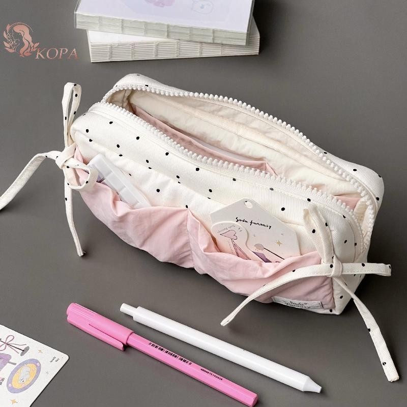 KOPA Hộp đựng bút chì chấm bi dễ thương màu trắng với phụ kiện màu hồng Dây kéo dung tích lớn Túi đựng bút chì Học sinh Văn phòng phẩm Đồ dùng học tập VN