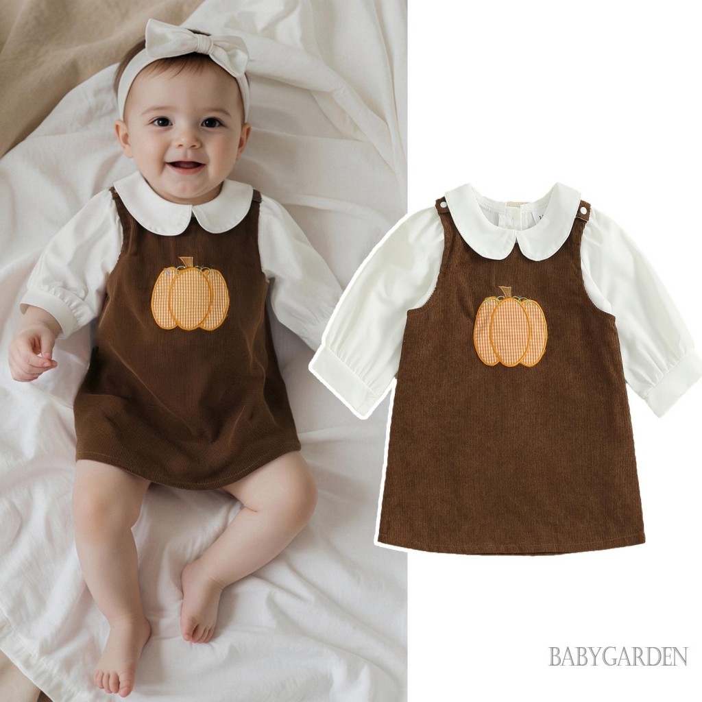 Bộ trang phục Halloween cho bé gái mới biết đi Áo sơ mi dài tay cổ búp bê và váy thêu bí ngô