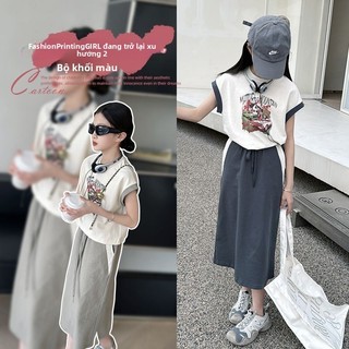 Bộ đồ bé gái mùa hè phong cách Hàn Quốc - Áo thun ngắn tay + chân váy dài thời trang