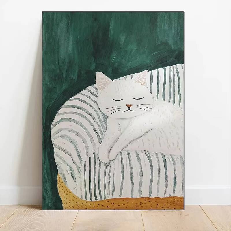 Mèo ngủ màu xanh đậm mèo con áp phích và in vải canvas phòng khách tối giản bức tranh tường trang trí nhà quà tặng
