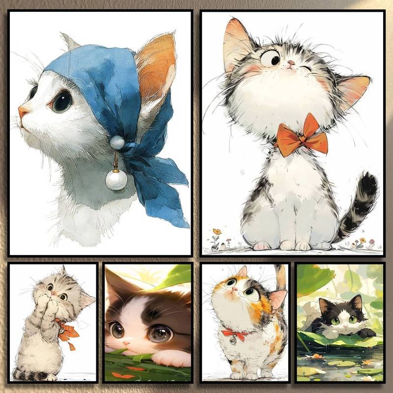 Dễ Thương Kitty Playful Feline Friends Pastel Paws Whiskered Wonders Canvas Tranh Nghệ Thuật Trang Trí Tường Canvas Poster