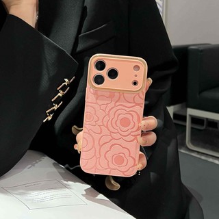 Ốp Điện Thoại Da Hoa Camellia Ống Kính Kim Loại Mạ Sang Trọng Cho iPhone 17Promax 17Air 16 15 Pro Max 14Promax Plus 11 12 13 Pro Max Chống Sốc Nam Nữ