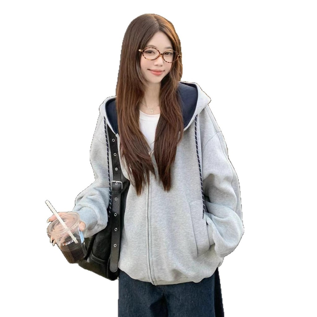 【Hot Trend】Áo Hoodie Nữ Màu Xám Phong Cách Hàn Quốc Có Mũ Trùm Khóa Kéo Thu Đông