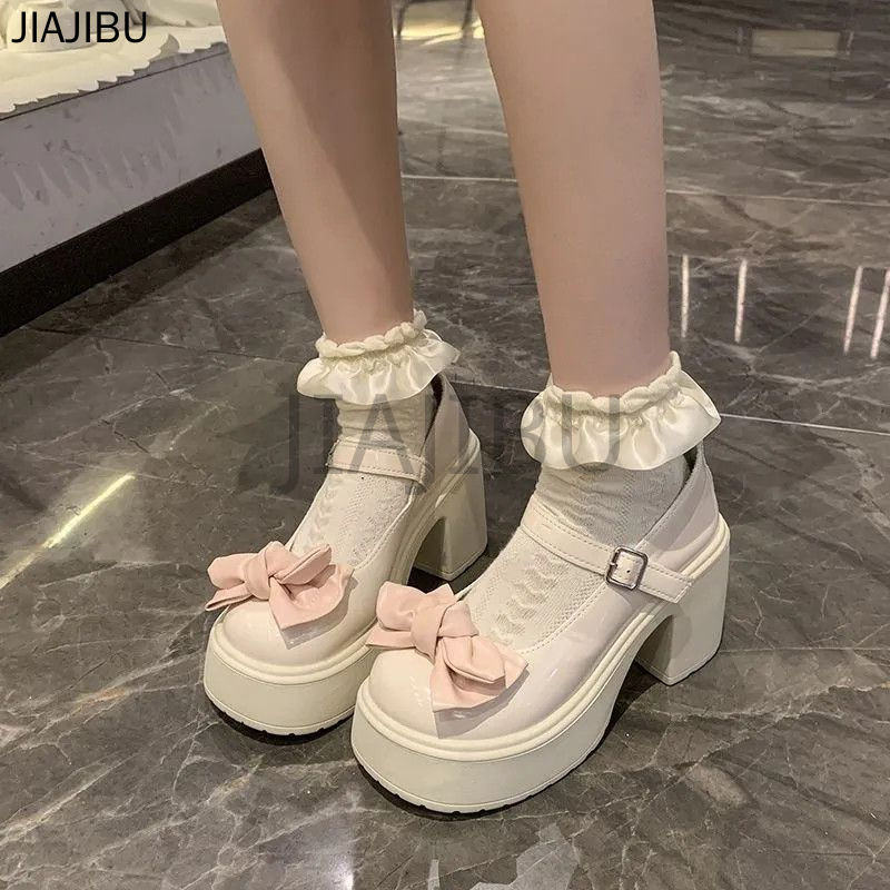 Size 34-44 Giày Da Gót Dày Màu Be/đen Chất Lượng Cao Đồng Phục JK Nhật Bản Lolita Nơ Cho Trường Học Giày Cao Gót Công Chúa Cosplay Mũi Tròn Chống Trượt Cỡ Lớn Phong Cách Pháp Cổ Điển Dành Cho Nữ Korean Fashion Platform Mary Jane Doll Shoes