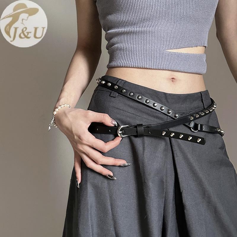 Thắt lưng phong cách punk cao bồi, thiết kế vòng tròn kép, dây siêu dài mỏng, phù hợp đa năng với đinh cài