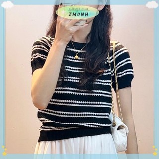 ZMONH Mùa Hè Mới Thời Trang Sọc Tay Ngắn Màu Trơn Đa Năng Giảm Tuổi Giảm Béo Dệt Kim Top Áo Thun