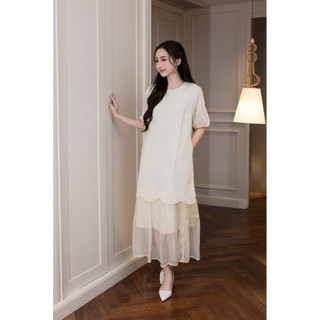 SWANLAKE | Váy Đầm Nữ Suông Maxi Xòe Tay Ngắn Cotton Thêu Hoa Tiệc Công Sở Thanh Lịch D13052