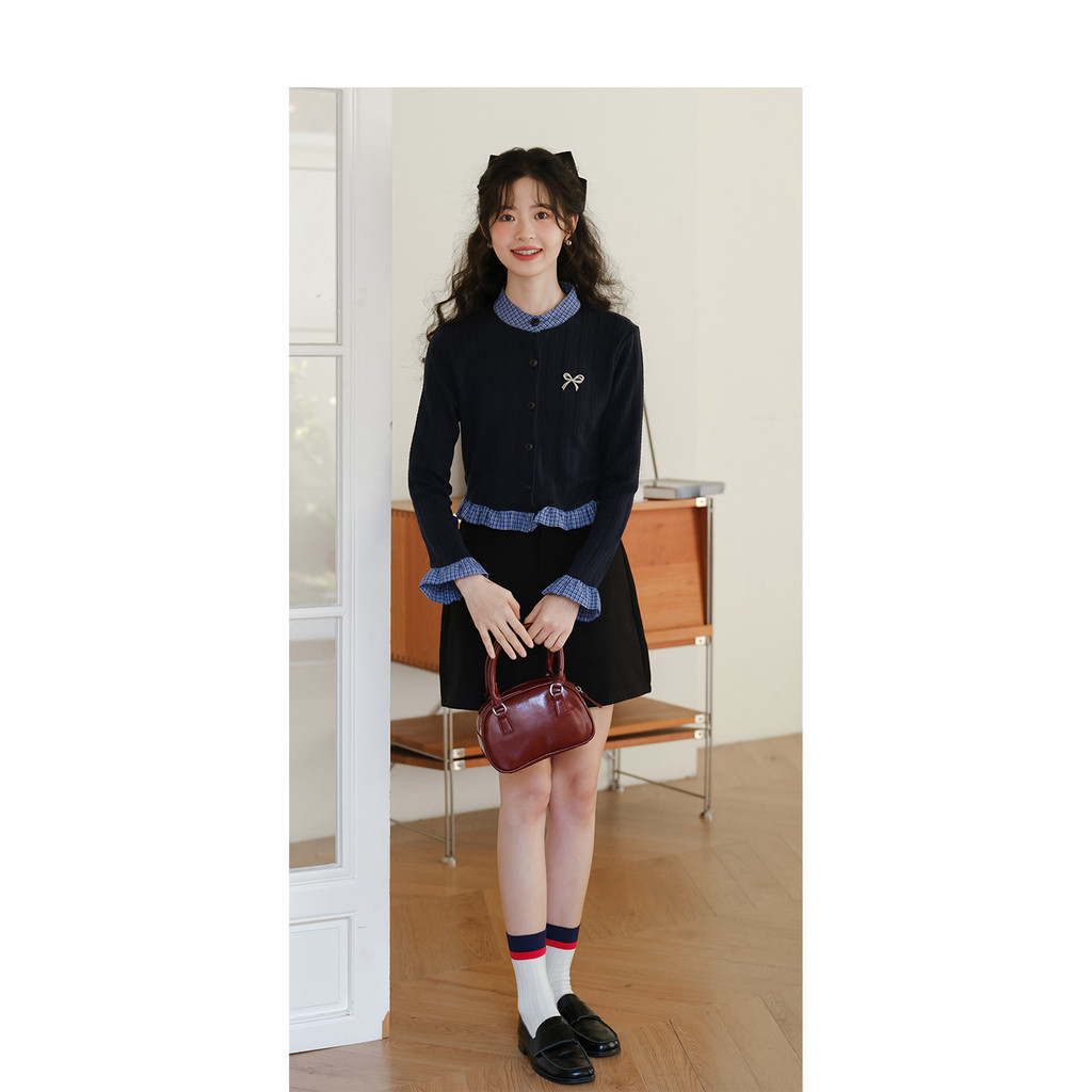 Mutu Phong Cách Pháp Giả Hai Mảnh Cổ Tròn Áo Len Cardigan Nữ Mùa Xuân 2026 Phong Cách Mới Preppy Phong Cách Dài Tay Dệt Kim Top