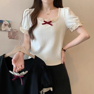 Áo thun nữ ngắn tay nơ ren, vừa vặn và thoải mái cho mùa hè