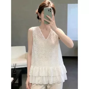 Kích thước lớn mùa hè Phong cách mới nhẹ sang trọng Áo Vest ren cổ chữ V không tay thời trang phù hợp cho nữ 150kg