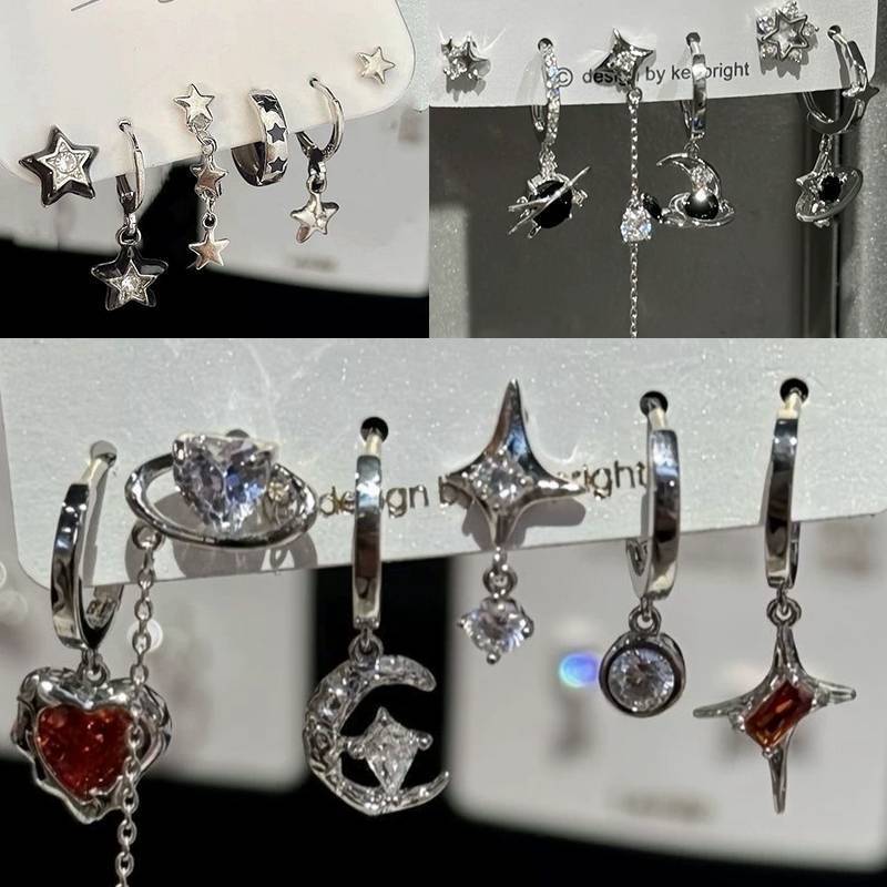 CANAMEK 6 CÁI BỘ Goth Punk Vintage Thẩm Mỹ Pha Lê Trái Tim Mặt Trăng Chữ Thập Ngôi Sao Mặt Dây Chuyền Bông Tai Dành Cho Nam Nữ Grunge Y2K Phụ Kiện Trang Sức CSF