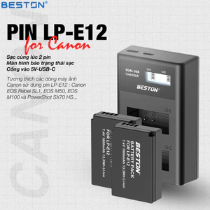 Bộ 2 Pin LP-E12 + Sạc Đôi LP-E12 Beston Cho Canon EOS M10 EOS M6 EOS M50 EOS M100 EOS M200 EOS 100D 200D 250D