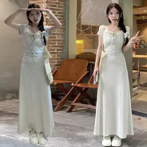 Pure Desire Style Ren khâu cổ vuông Váy dài vừa phải màu trơn Phiên bản eo hẹp mùa hè Tính khí đơn giản