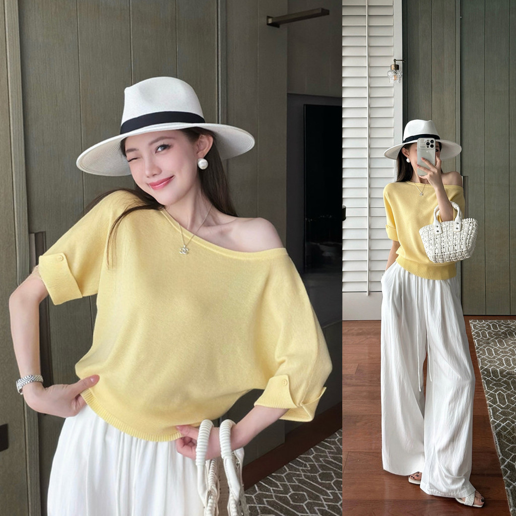 SUXI Áo dệt kim ngắn tay lệch vai phong cách Hàn Quốc mùa hè dành cho nữ 260617