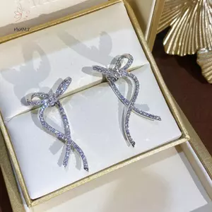 HNKMP 1 Đôi Ánh Sáng Sang Trọng Full Kim Cương Giả Nơ Bông Tai Nữ Thời Trang Tinh Tế Pha Lê Dài Bông Tai Dự Tiệc Cưới Trang Sức.