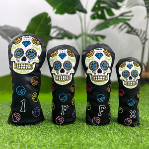 Vỏ bọc đầu Golf màu đen thêu đầu lâu số. 1 Vỏ bọc nắp gỗ Fairway Golf Dày Plus Vỏ bảo vệ đầu Pompom