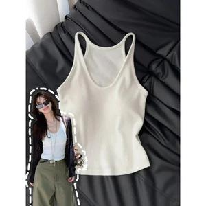 Áo Vest nữ cổ chữ U VN Hàn Quốc, phong cách ôm sát mùa hè, thiết kế ngắn tay, được trang bị miếng đệm ngực và dây đeo bên trong, làm bằng vật liệu mềm.