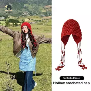 Mũ len ấm áp mùa thu đông Mũ len dệt tay rỗng Mũ túi nữ phong cách dân tộc có viền bảo vệ tai Mũ dệt kim Mới