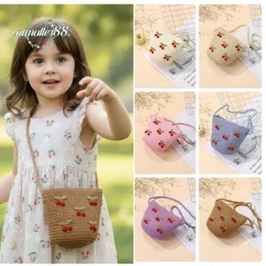 CATMALLER88 Túi Đeo Vai Bé Gái, Đạo Cụ Ảnh Đỏ Cherries Trẻ Em Túi Rơm, Dây Kéo Dễ Thương Túi Xách Trẻ Em Đi Biển