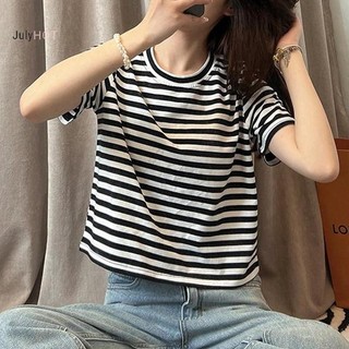 JULYHOT Áo Croptop Nữ Mùa Hè, Tay Ngắn Cổ Tròn Sọc Phản Quang Thời Trang