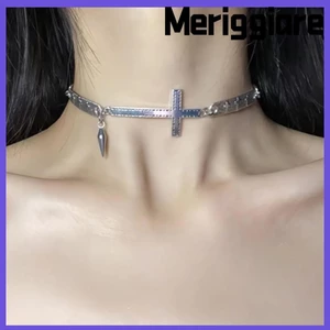 Vòng cổ Choker MERIGGIARE, Vòng cổ chéo nối bạc Y2K, Trang sức vòng cổ Hip Hop Grunge Rock Punk