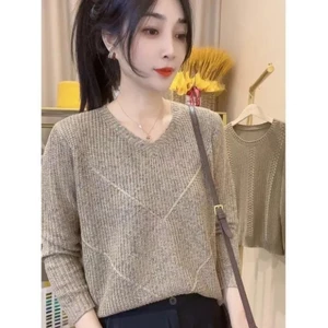 Áo len nữ mùa thu cổ chữ V dài tay thời trang, dệt kim