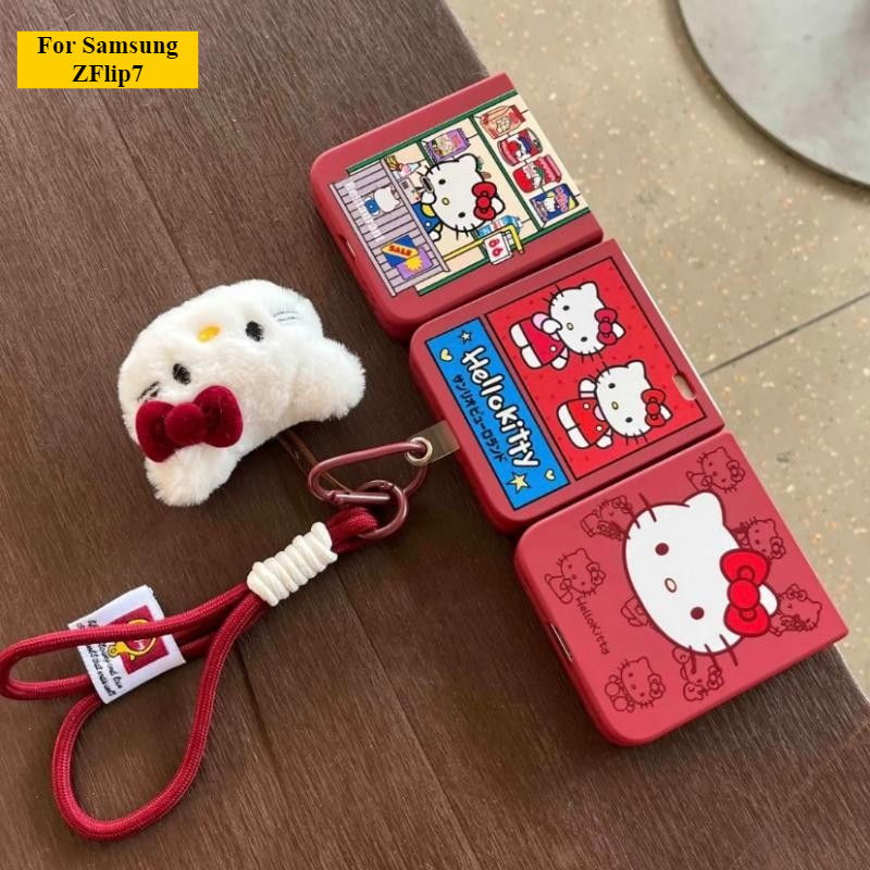 Ốp Điện Thoại Thích Hợp Cho Samsung Galaxy ZFlip7 ZFlip6 Hoạt Hình Dễ Thương Họa Tiết Kitty Dây Gấp Vỏ Cho ZFlip5 zflip4 zflip3 N3flip Mixflip 5G Vòng Tay Bảo Vệ