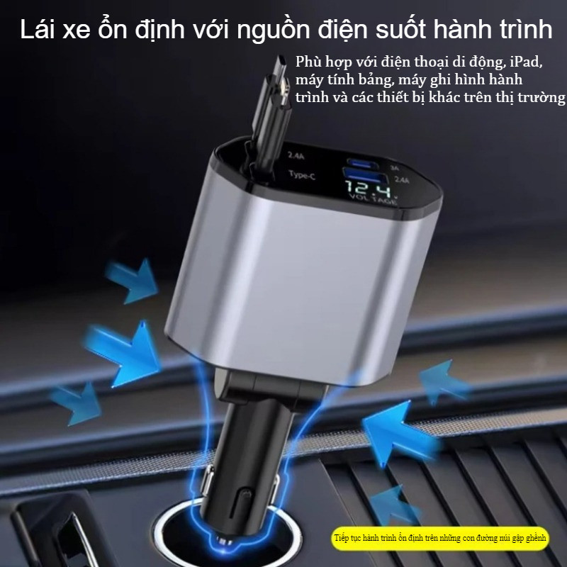 Tẩu Sạc Nhanh ô tô 120W 4-in-1, Bộ sạc xe hơi, màn hình LED thông minh, USB Type-C