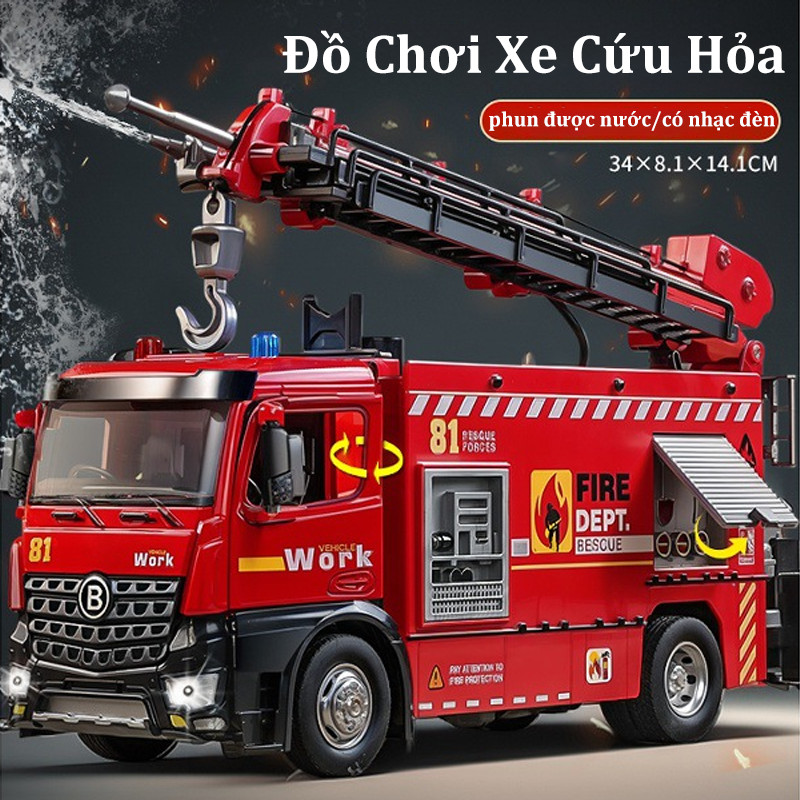 Đồ chơi xe cứu hoả 3 trong 1, bằng hợp kim, phun được nước, có nhạc đèn, kèm ròng rọc và thang nâng hạ