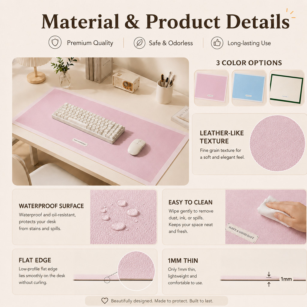 Thảm Lót Bàn Màu Trơn Hàn Quốc 35x80cm Chống Nước Dễ Lau Da PVC Lót Chuột Lớn Cho Bàn Học Văn Phòng Ký Túc