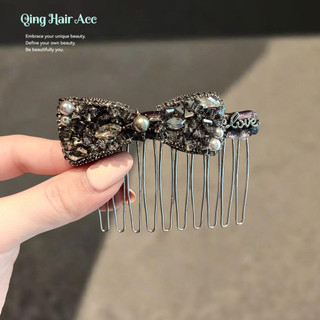 Đen Xám Full Kim Cương Nơ Chèn Lược Nữ Tính Khí Ngọc Trai Chèn Lược Đi Lại Hàng Ngày Phù Hợp Với Kẹp Tóc Phụ Kiện Tóc