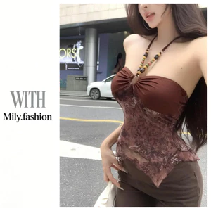Milyfashion Khâu Không Đều Cổ Dây Sling Mùa Hè Phong Cách Mới Slim-fit Slimmer Nhìn Nâu Gợi Cảm Ngắn Top 8EMD