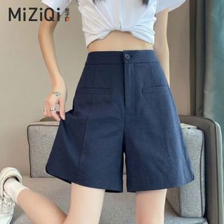 [Miziqi] Quần short ống rộng chữ a lưng cao dành cho nữ mùa hè mỏng màu xanh hải quân mỏng hơn Bộ đồ dáng rộng thông thường Quần năm điểm thẳng