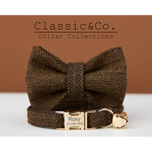 Vòng cổ mèo được cá nhân hóa, Vòng cổ mèo bằng vải Tweed, Vòng cổ mèo tùy chỉnh có khắc tên, Thẻ tên thú cưng khắc