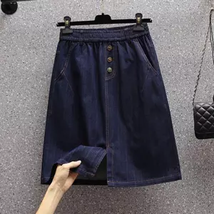 Váy Denim dài vừa phải màu xanh đậm co giãn lưng cao Váy xẻ trước có khe hở phía trước hàng ngày cho bé gái