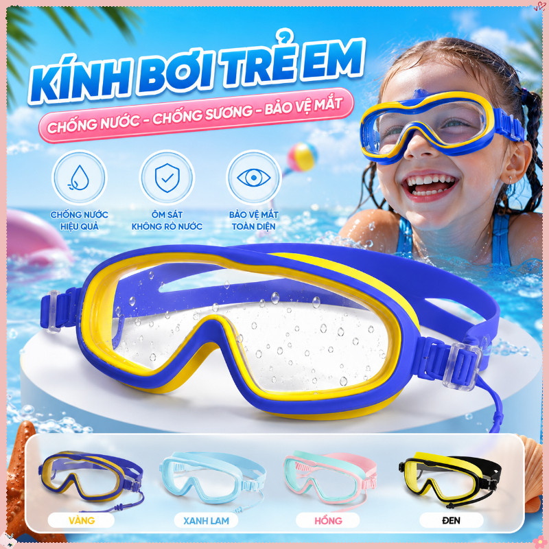 Kính Bơi Gọng Lớn Cho Trẻ Em Và Người Lớn – Kèm Bịt Tai, Chống Sương Mù, Không Thấm Nước, độ Nét Cao