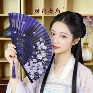 Cổ Lụa Gấp Quạt Nữ Đầu Lụa Phong Cách Trung Hoa Vừa Cao Cấp Quạt Bán Trong Suốt Gấp Di Động Thủ Công Vũ Quạt