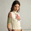 MAPLEPOET-Áo lưới Sheer hàng đầu chắp vá dài tay cổ áo in hoa Slim Fit cho hàng ngày