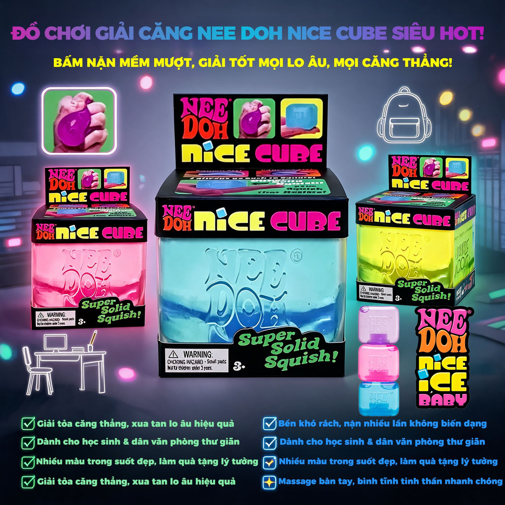 NeeDoh Nice Cube Đồ chơi bóp stress hiệu quả, mọi lứa tuổi sử dụng, quà tặng bất ngờ cho bạn bè trẻ em