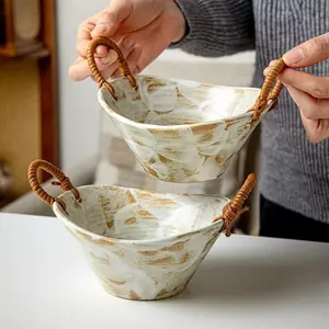 Handmade Phong Cách Nhật Bản Stoneware Bát 6 Inch Dây Gai Dầu Bát Đôi Ear B & B Bát Đĩa Dim Sum Bát