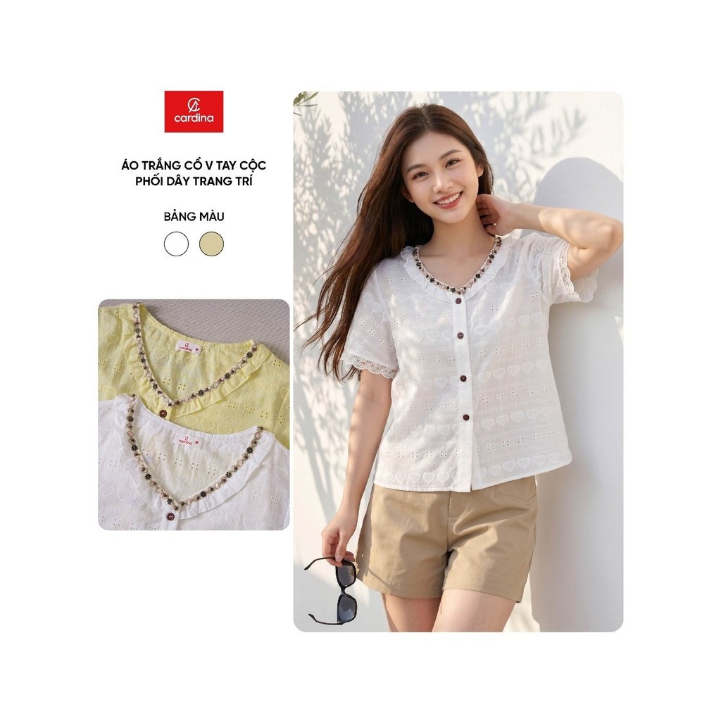 Áo kiểu nữ CARDINA chất liệu thô thêu cổ V tay cộc phối dây trang trí 6AKC27