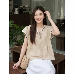 Áo sơ mi nữ CARDINA chất liệu linen tay cánh tiên phối viền 6AKC35